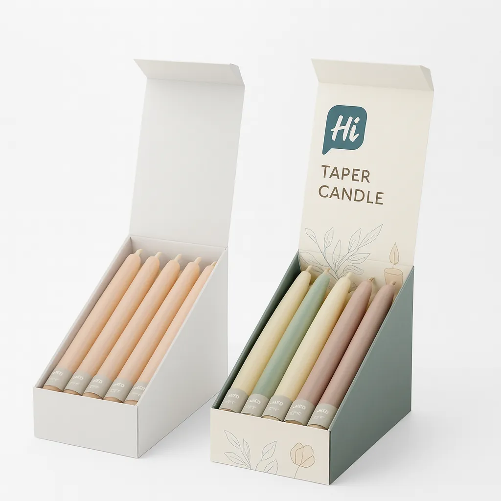 Display boxes- plain white and decorated- featuring six taper candles in various pastel shades- class=